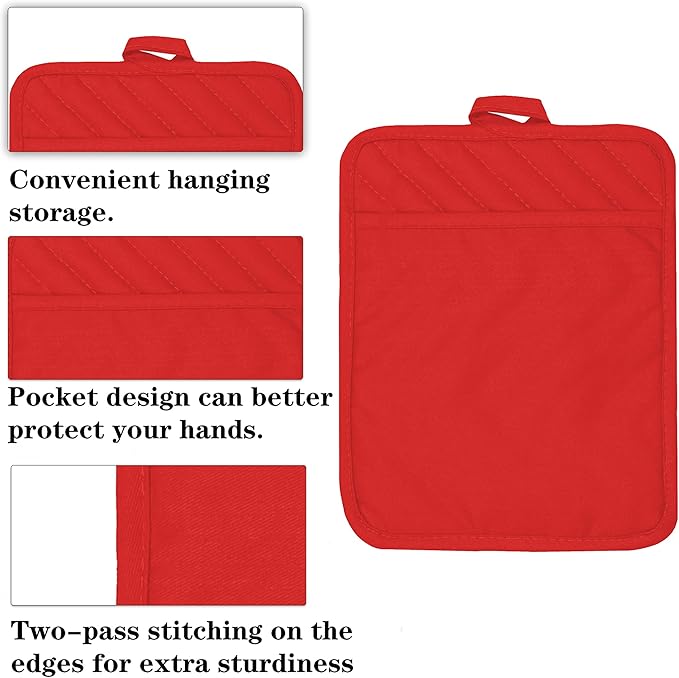 Oven Pot Holder with Pocket Cotton Heat Resistant Coaster Potholder Kitchen Hot Pad Oven Mitts for Cooking Square 7"x9"Set of 5 (Red)