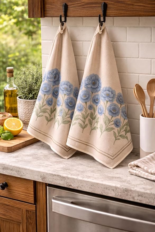 Easter Gift Kitchen Microfiber Waffle Tea Towels Set of 2 Absorbent & Fast Drying Dish Cloths for Cleaning,Vintage Floral Herbs Boho,Decorative Hand Towels for Bathroom, 20x28" (Vintage Blue Flower)