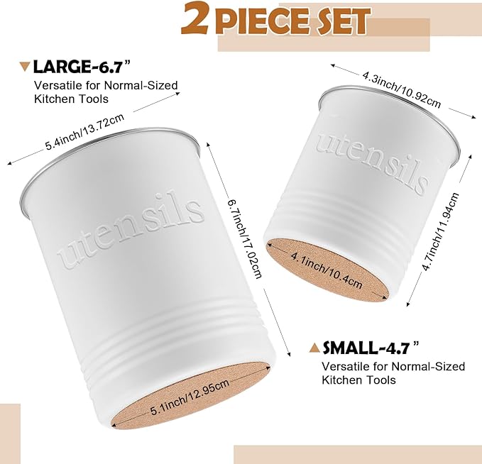 FoldTier 2 Pack Kitchen Utensil Holder for Counter 6.7"+4.7" Farmhouse Cooking Utensil Crock with Cork Bottom Modern Farmhouse Decors Countertop Storage Organizer Caddy Housewarming Gift (White)