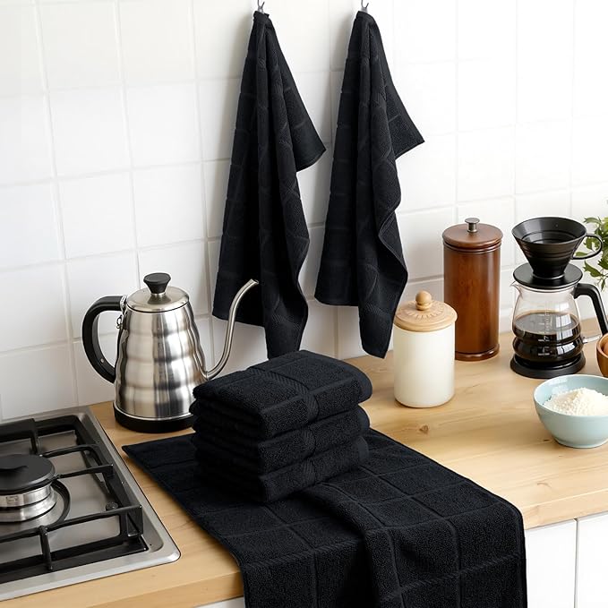 Homaxy Premium Kitchen Towels 18"x28", 4 Pack Large Cotton 380 GSM Dish Towels, Soft and Absorbent Kitchen Hand Towels with Terry Grid Design, Utility Tea Towel Set with Hanging Loop, Black