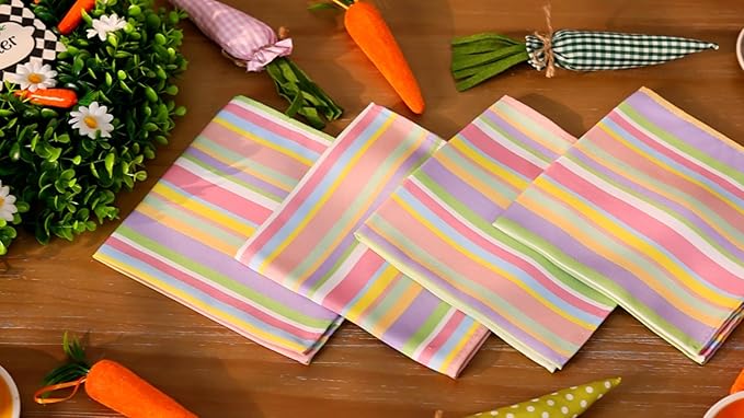 Socomi Easter Spring Cloth Napkins Stripe Linen Napkins Bulk Washable Cotton Napkins 17"x17" for Wedding Party Bridal Baby Shower Birthday Table Decorations Set of 6