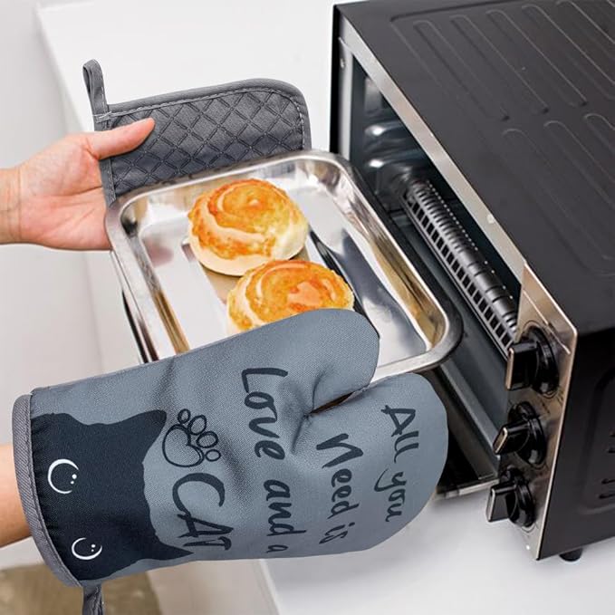 zcyhtqp, All You Need is Love and A Cat, Funny Silicone Non-Slip Oven Mitts and Pot Holders Sets of 2, Cat Oven Mitts, Bake Lover Gift, Kitchen Gift for Cat Owner