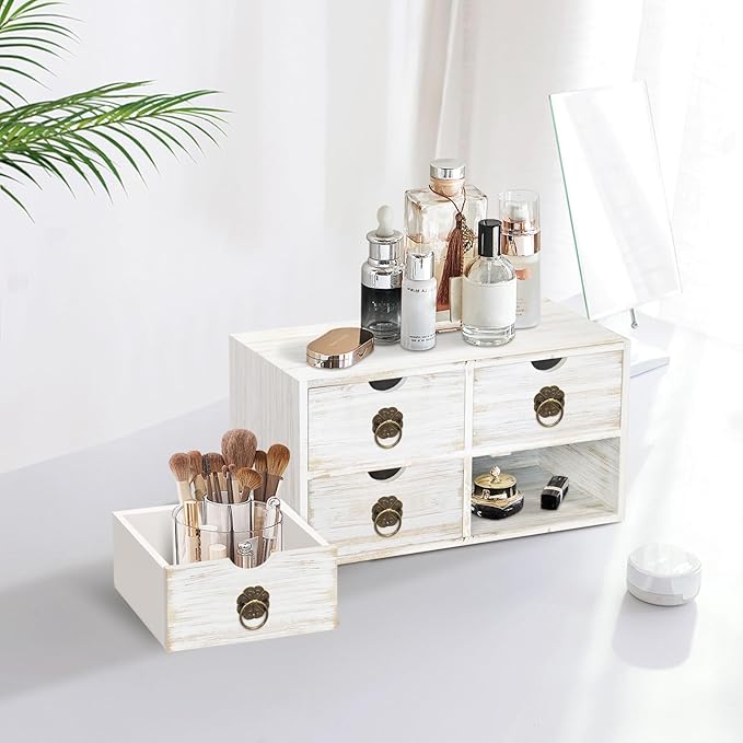 Wood Desk Organizer, White Wooden Desktop Organizer with Drawer, Tabletop Storage Organization Box for Countertop, Home Office Supplies Bills, 13.5x6.6x7.09 Inch(4 Drawer)