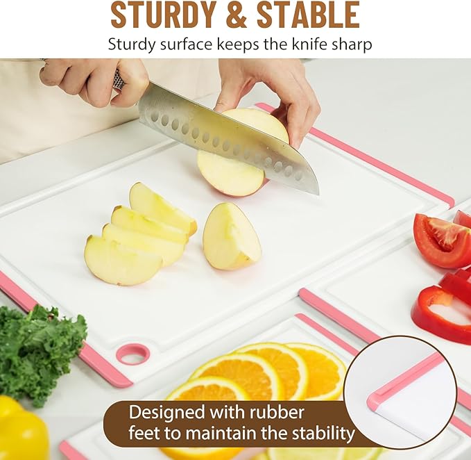 Kikcoin Plastic Cutting Boards for Kitchen, 3-Piece Large Cutting Board Set Dishwasher Safe Chopping Boards with Non-slip Feet and Juice Grooves, Pink