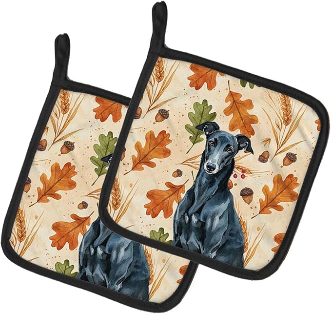 Caroline's Treasures Black Greyhound Heirloom Fall Pair of Pot Holders Pair 7.5x7.5 Quilted Insulated Hot Pads Decorative Kitchen Gift Made in USA