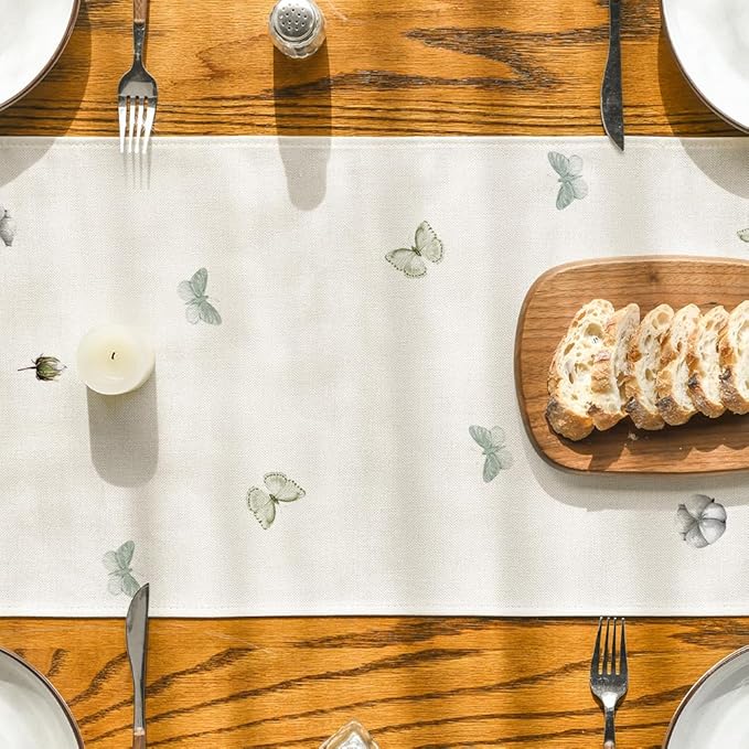 Artoid Mode Cotton Plant Leaf Butterfly 210 GSM Spring Table Runner, Seasonal Summer Kitchen Dining Table Decoration for Home Party Decor 13x60 Inch