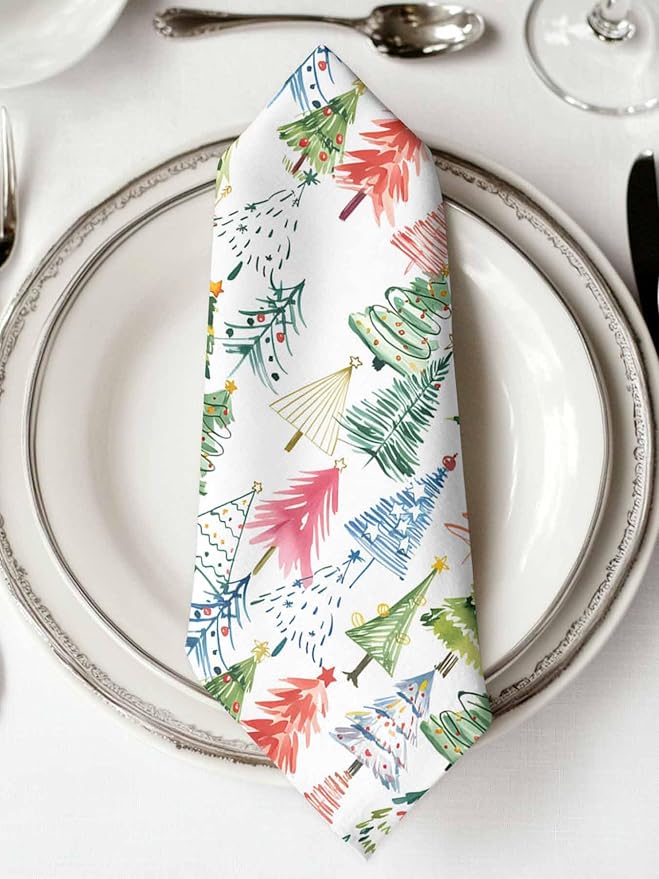 Christmas Tree Cloth Napkins Set of 6, Green Pink Blue Xmas Trees Washable Dinner Napkins Colorful Cartoon Plant Table Reusable Napkin for Home Party Wedding Dining Table Decoration, Oversized 20"x20"