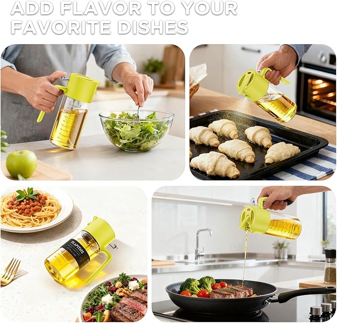PLAPITATE 17oz/500ml Premium Olive Oil Sprayer for Cooking, 2 in 1 Glass Olive Oil Dispenser Bottle for Kitchen Gadgets, Spray Bottle with Portion Control for Salad, Frying, BBQ (Lime Yellow)