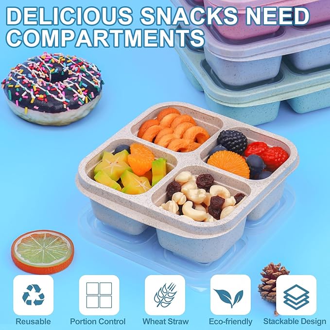 LCHLZZ 4 Pack Snack Containers, 4 Compartments Snackle Box Container, Reusable Meal Prep Lunchable Container for Adults, Microwave Dishwasher Safe, Stackable Bento Snack Boxes for Work, Travel