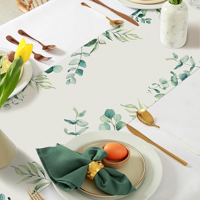 Bonhause Eucalyptus Leaves Table Runner 13x90 Inch Green Leaf Plants Spring Summer Seasonal Holiday Kitchen Dining Table Decoration for Indoor Outdoor Home Party Decor