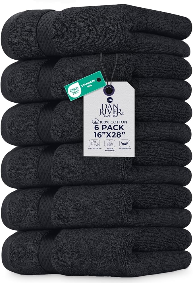 DAN RIVER 6-Pack Premium Hand Towels (16x28 Inches) - 100% Cotton, Ultra Soft, Lightweight, Highly Absorbent Towels for Bathroom, Spa, Gym, Salon, Hotel, and Travel - Charcoal