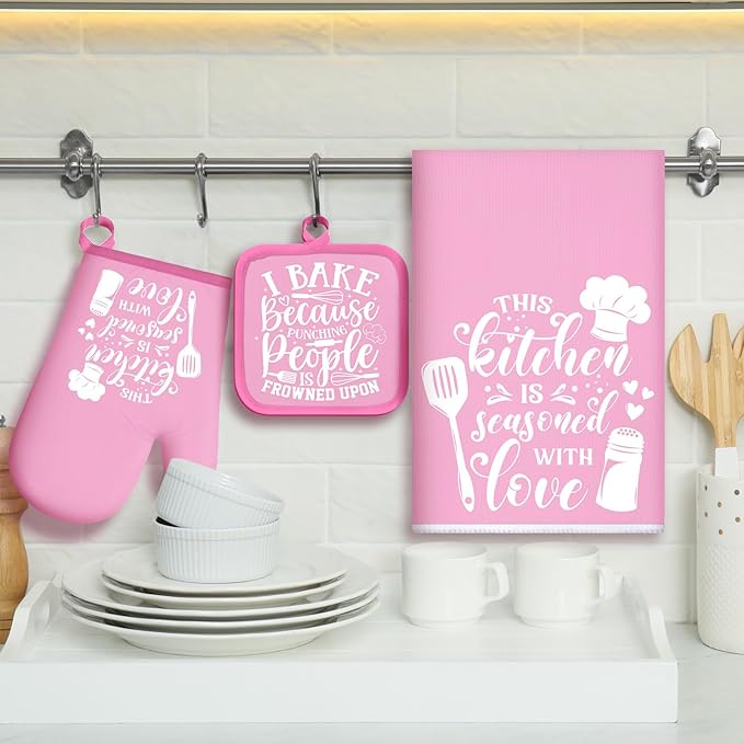 Sratte 6 Pcs Kitchen Decor Accessories Set Farmhouse Towels Pot Holders Oven Mitts Set 2 Dish Towels 2 Potholders 2 Cooking Mittens Oven Glove for Baking Cooking(Light Pink,Kitchen)