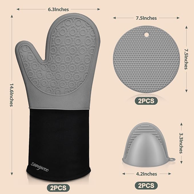 sungwoo 6pcs Silicone Oven Mitts and Pot Holders Sets, 14.6 Inch Heat Resistant Oven Gloves with Quilted Liner Non-Slip Textured Grip Perfect for BBQ, Baking, Cooking and Grilling Grey