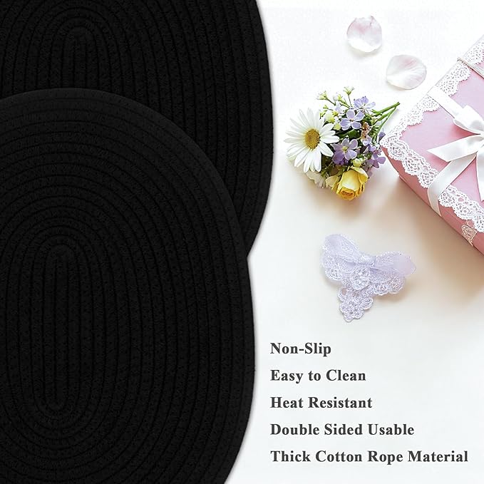 Oval Woven Placemats Set of 6, Boho Cotton Rope Braided Table Mats, 17x13 Inches Non Slip Heat Resistant Place Mats for Dining Room, Thick Hot Pads for Farmhouse Kitchen Table Decor. (Black)