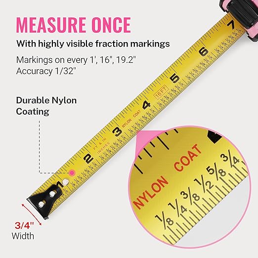 WORKPRO 16-FT Tape Measure with Fractions, 3 Brakes Retractable Measuring Tape, Compact Measurement Tape with Magnetic Hook, Nylon Coating Blade Accuracy 1/32”, Pink