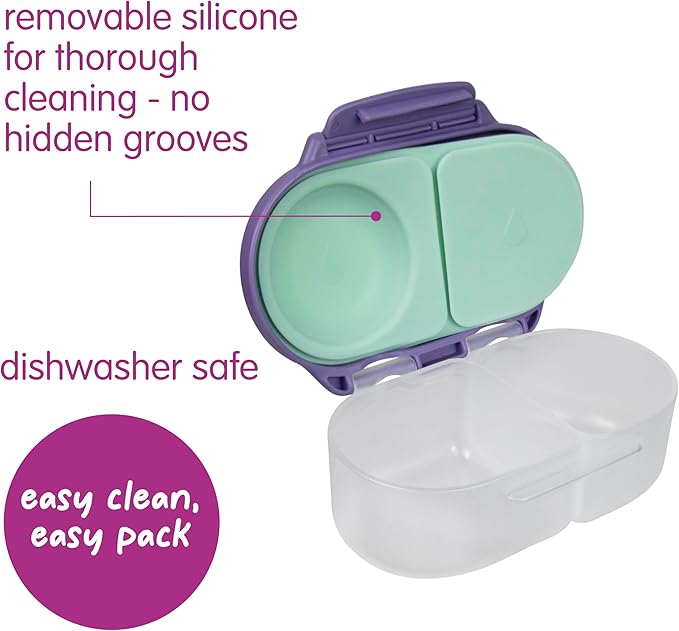 b.box Snack Box - Leakproof Mini Bento Box for Kids & Toddlers, 2 Compartment Snack Containers for Kids, Lunch Containers, Dishwasher Safe, BPA Free, PFAS Free, Ages 4m+, 1 3/4 Cup - Lilac Pop