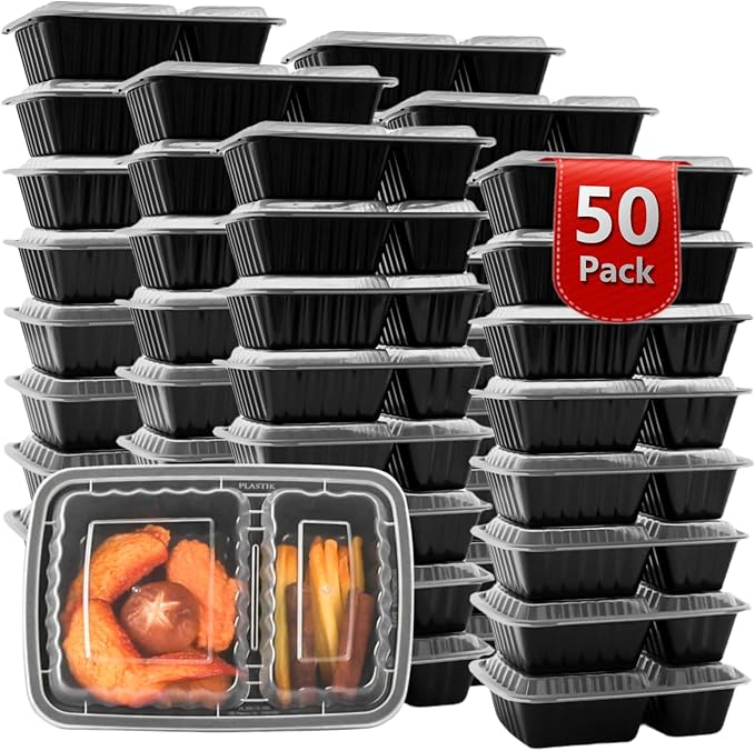 Meal Prep Containers 2 Compartment 50 Pack, 28 oz Divided Reusable Food Storage Containers with Lids Takeout Food Storage Black, Microwave Dishwasher Freezer Safe, Stackable, BPA Free