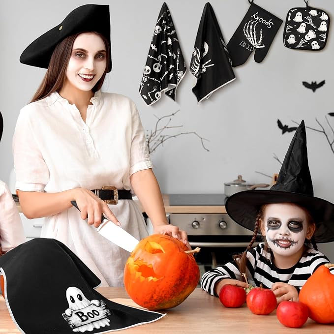 Leinuosen 8 Pcs Skull Kitchen Decor Set Kitchen Towels Gothic Oven Mitts and Pot Holders Skeleton Hand Dish Towels Horror Oven Mitts for Home Decoration Party Gifts (Vintage Color,Ghost)