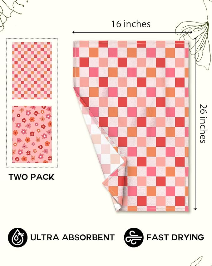 Miss Adola 2 Pack Flour Sack Kitchen Towels - 16x26 Inch Cotton Dish Towels with Hanging Loop Reusable Geometric Boho Modern Retro Tea Towel Absorbent Dishcloths Home Decor, PK Checkered Flower