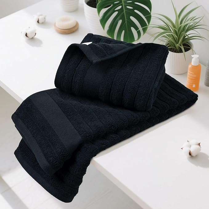 Jacquotha 4-Pack Bathroom Hand Towels (Black) Ribbed – Guest Room & Spa Premium Cotton Face Towels 13” x 29”, Soft and Quick Drying 470 GSM