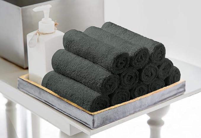 Avalon Towels Cotton Washcloths 24-Pack – 12 x 12 Inch Grey Super Soft & Absorbent Ring-Spun Cotton Wash Cloths for Face, Bath, Spa, Gym, Hotel & Cleaning