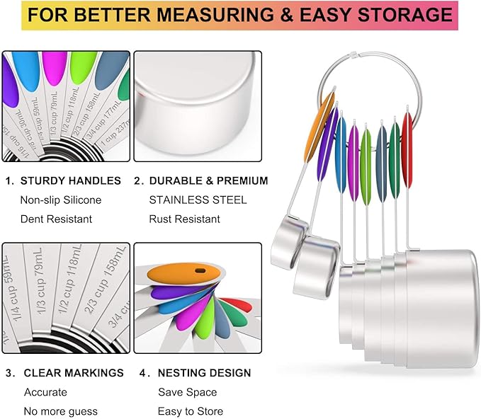 Measuring Cups & Spoons Set of 16, Wildone Premium Stainless Steel Measuring Cups and Measuring Spoons with Colored Silicone Handle, Including 8 Nesting Cups, 8 Spoons, for Dry and Liquid Ingredient