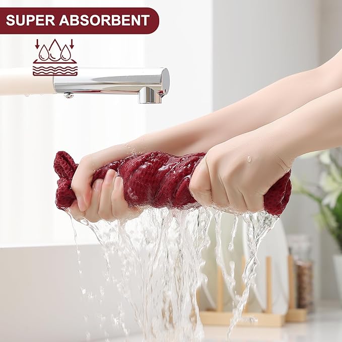 Homaxy 100% Cotton Kitchen Towels and Dishcloths Set, 12 x 12 Inches and 13 x 28 Inches, Set of 16 Bulk Kitchen Towels Set, Ultra Soft Absorbent Dish Cloths for Washing Dishes, Burgundy