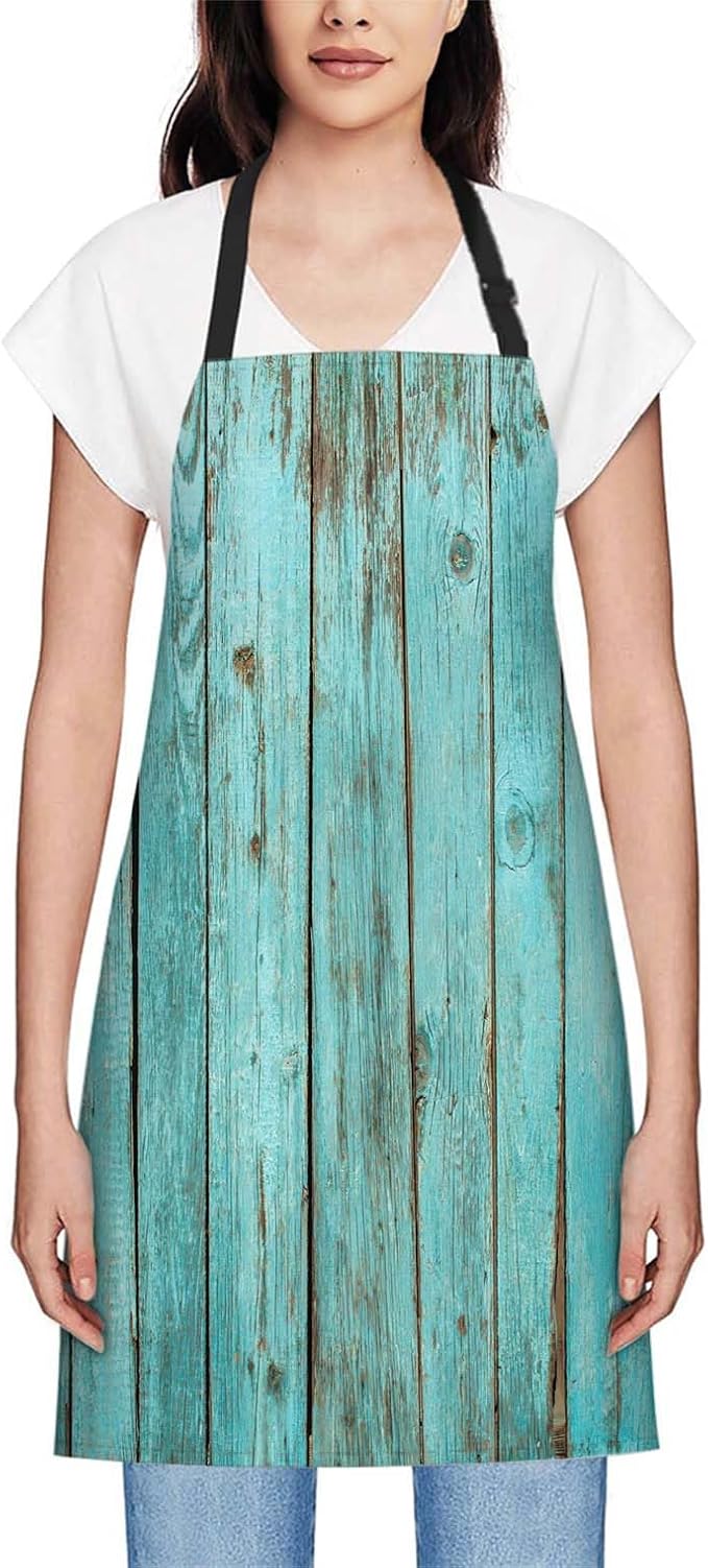 oFloral Vintage Rustic Wood Turquoise Teal Apron Unisex Adjustable Bib Apron Cooking Kitchen Chef Women Men Aprons for Home Kitchen, Restaurant,Coffee House,Shop,Garden