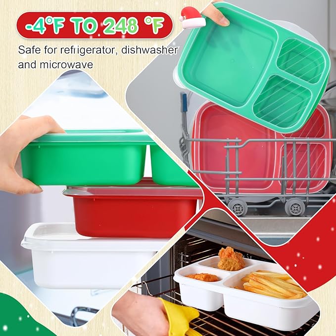 Honeydak 5 Pack Snack Containers 3 Compartment Bento Snack Boxes Divided Meal Prep Containers with Lids Reusable Adults Lunch Food Storage Box for School Work Travel (Red and Green)