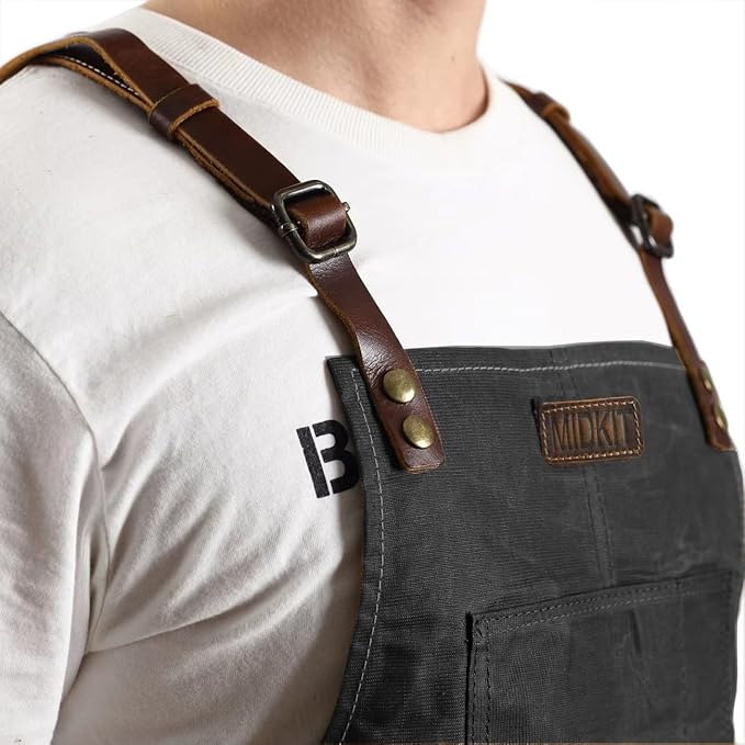 Midkit Utility Apron Adjustable Cross-Back Straps Multi-Use Portable 8oz Waxed Canvas Aprons With 5 Tool Pockets Fits M- 3XL