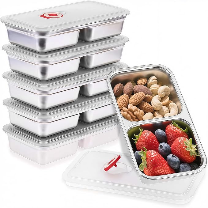 Stainless Steel Snack Containers, 6-Pack Reusable Grab and Go Containers with Lids, Dual Compartment Bento Box for Travel, Camping & Lunch Prep (Red)