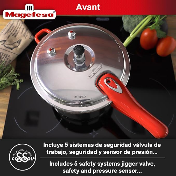 MAGEFESA Avant 6.2-Quart Aluminum Pressure Cooker, Compatible with Gas, Electric & Ceramic Stoves, Stovetop Pressure Canner with Trivet, Red Handle