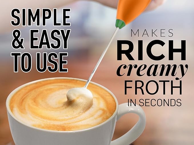 Zulay Kitchen Powerful Milk Frother Wand - Ultra Fast Handheld Drink Mixer - Electric Whisk Foam Maker for Coffee, Lattes, Cappuccino, Matcha & Creamer - Jet Orange