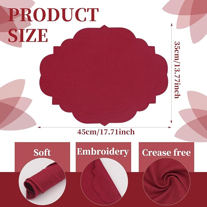 Cotton Linen Oval Placemats Set of 4, HADEEONG Table Mats Cloth Placemats, Washable Wrinkle Resistance, Scalloped & Embroidered Fabric Placemats, 17.71 x 13.77inch (Wine Red, 4)