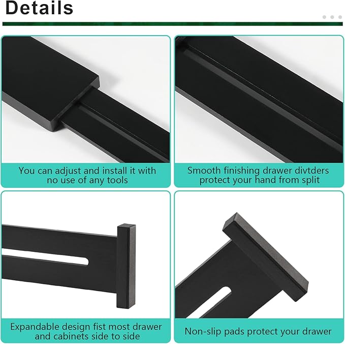 4 Pack Bamboo Kitchen Drawer Dividers 2.6" High, Adjustable from 12 Inch to 17 Inch Drawer Organizers, Expandable Drawer Separators for Clothes, Bedroom, Dresser, Office (Black)