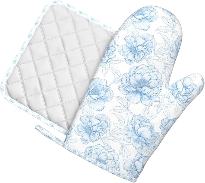 Oven Mitts and Pot Holders Flower Pastel Blue Floral Silicone Kitchen Accessories Set of 2 Heat Resistant Long Gloves Potholder Non-Slip Grip for Chef Cooking,Baking,Grilling,BBQ