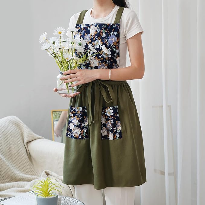 Pinknoke Vintage Pinafore Apron Dress for Women with Pockets Cute Floral Chef Aprons for Kitchen Cooking Baking Gardening