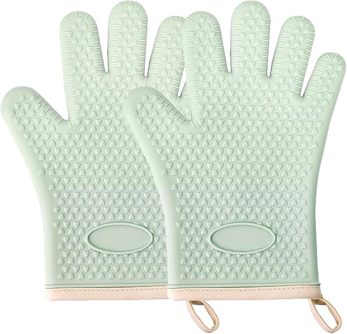 Silicone Oven Gloves with Fingers, High Temperature 450F Heat Resistant Oven Mitts Waterproof & Non-Slip Good Grip BBQ Grilling Gloves for Kitchen Cooking, Baking, Welding (Green) ﻿
