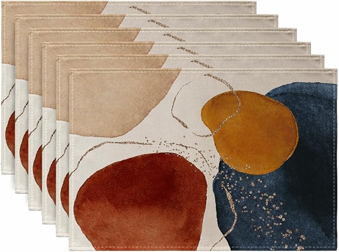 Ansouyi Placemats Set of 6, Terracotta Navy Orange and Gold Abstract Washable Heat Resistant Linen Table Mats, Kitchen Decor Non-Slip Place Mats for Party Dining, 12x18 Inch