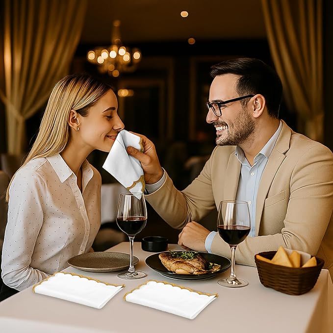 Ridhi Cloth Napkins 100% Pure Cotton Farmhouse Wedding Dinner Napkins for Halloween, Thanksgiving, Holiday Daily Wedding uses Napkins (4-18" x 18" White with Champagne Gold Edge)