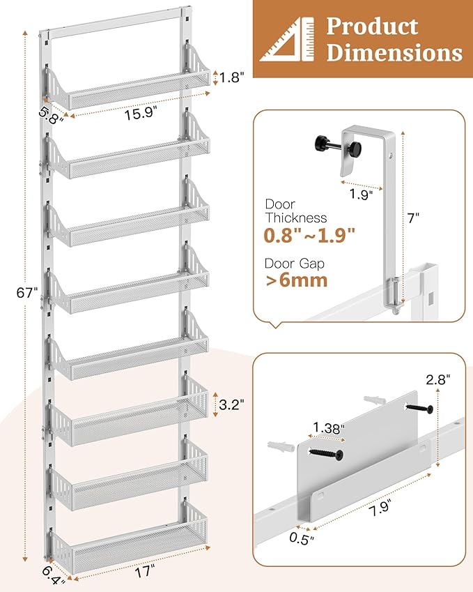 POKIPO Over the Door Pantry Organizer 8-Tier, Large Metal Door Spice Rack with Adjustable Basket, 2 in 1 Wall Mount or Hanging Heavy-Duty Pantry Door Storage Shelf for Kitchen and Bathroom, White