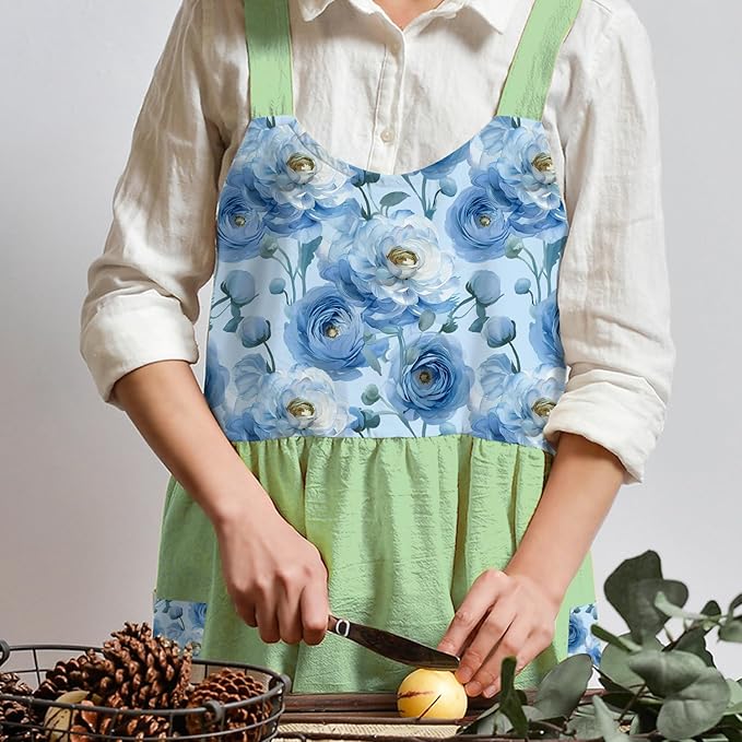 Uaussi Cotton Linen Apron Cross Back Work Apron for Women with Pockets Pinafore Dress X Cross Halter Apron for Chef Gardening