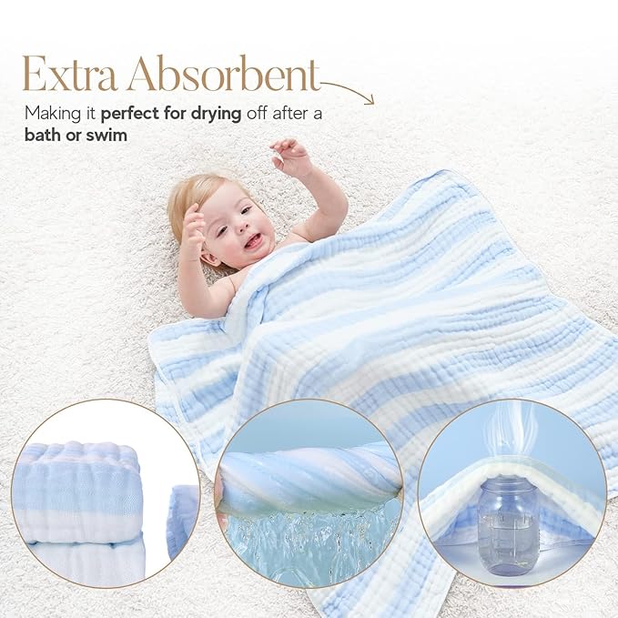 Muslin Hooded Baby Towel 4 Pack, 100% Organic Premium Cotton, (2) 6-Layer 32x32 Bath Towels & (2) Washcloths, Soft Newborn & Infant Gift Set (Blue Stripe & White)