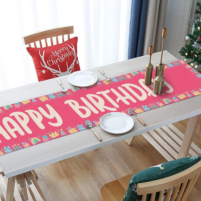 Happy Birthday Table Runner 13x72 Inch Pink Birthday Cake Box Candle Rainbow Farmhouse Polyester Linen Table Decoration for Kitchen Dinning, Indoor Outdoor Home Dinner Party (Red)