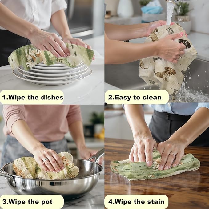 3 Pcs Cute Dog Kitchen Towels, Vintage Decorative Absorbent Microfiber Dish Cloth Tea Towel, Rustic Field Waffle Soft Hand Towels for Farmhouse Home Bathroom, Dog Lover Gifts