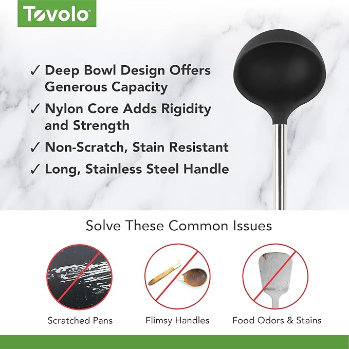 Tovolo Silicone Ladle With Stainless Steel Handle Deep Soup Ladle for Cooking Canning Serving Soup Punch Stew Sauce, Large Kitchen Utensil Spoon Dishwasher Safe BPA Free Silicone Black