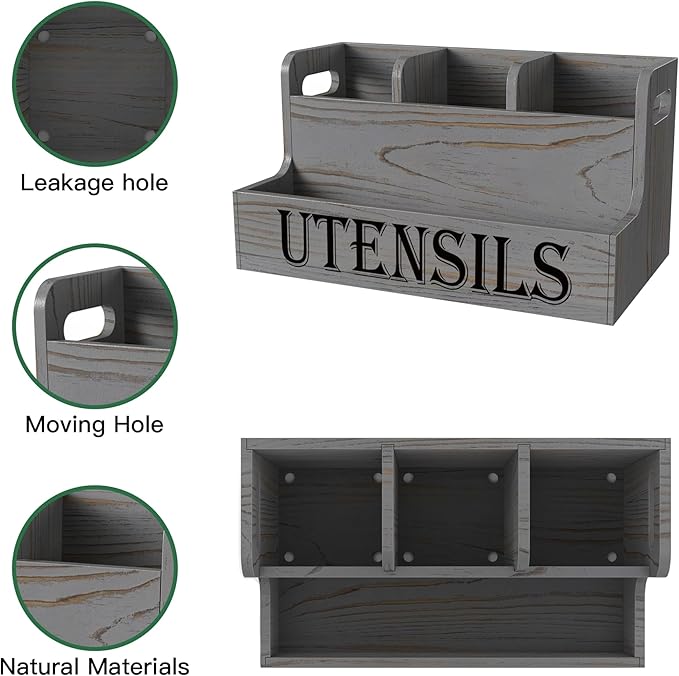 Suli Kitchen Utensils Holder, Wooden Utensil Organizer for Kitchen Countertop, Farmhouse Utensil Storage, Rustic Cooking Utensils ,4 Compartments,- Grey Grain