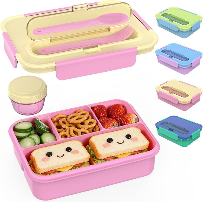 Caperci 50oz Larger Bento Box for Kids - Reinforced Leakproof Lunch Box Containers for Kids, Built-in Sauce Cup, Utensils, 4 Compartments, BPA-Free Microwave & Dishwasher Safe (Yellow/Pink)