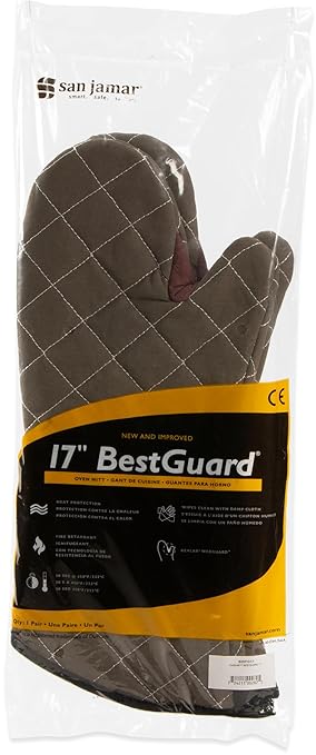 San Jamar 800FG17 BestGuard Commercial Heat Protection Up to 450° F Oven Mitts (Pair), 17 inch Length, Tan