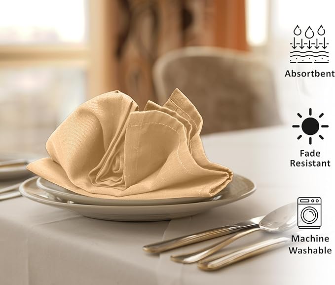 Ruvanti Cloth Napkins Set of 4, 18x18 Inches Napkins Cloth Washable, Soft, Durable, Absorbent, Cotton Blend. Table Dinner Napkins Cloth for Hotel, Lunch, Restaurant, Wedding Parties - Ivory Gold